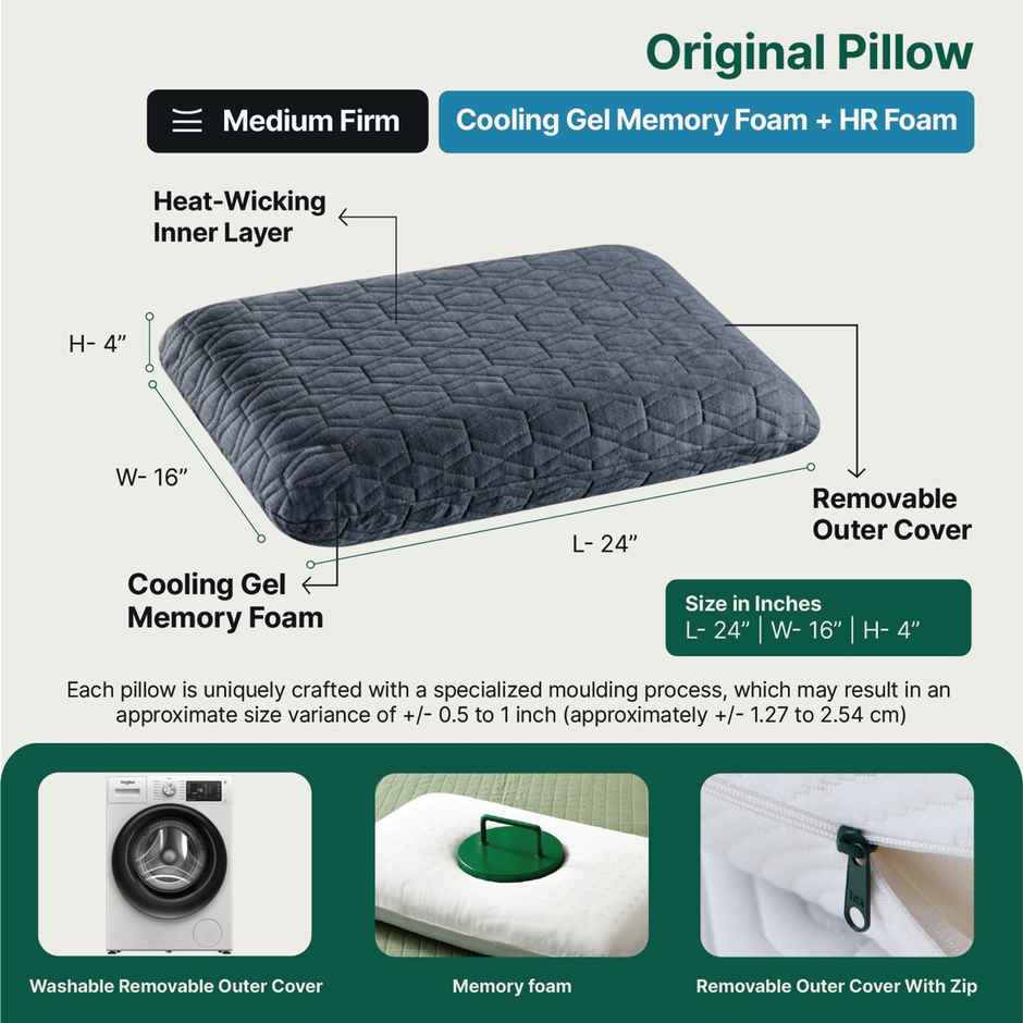 The White Willow Orthopedic Memory Foam Pillow | Medium Firm | King Size - 24 x 16 x 4 Inch - Grey