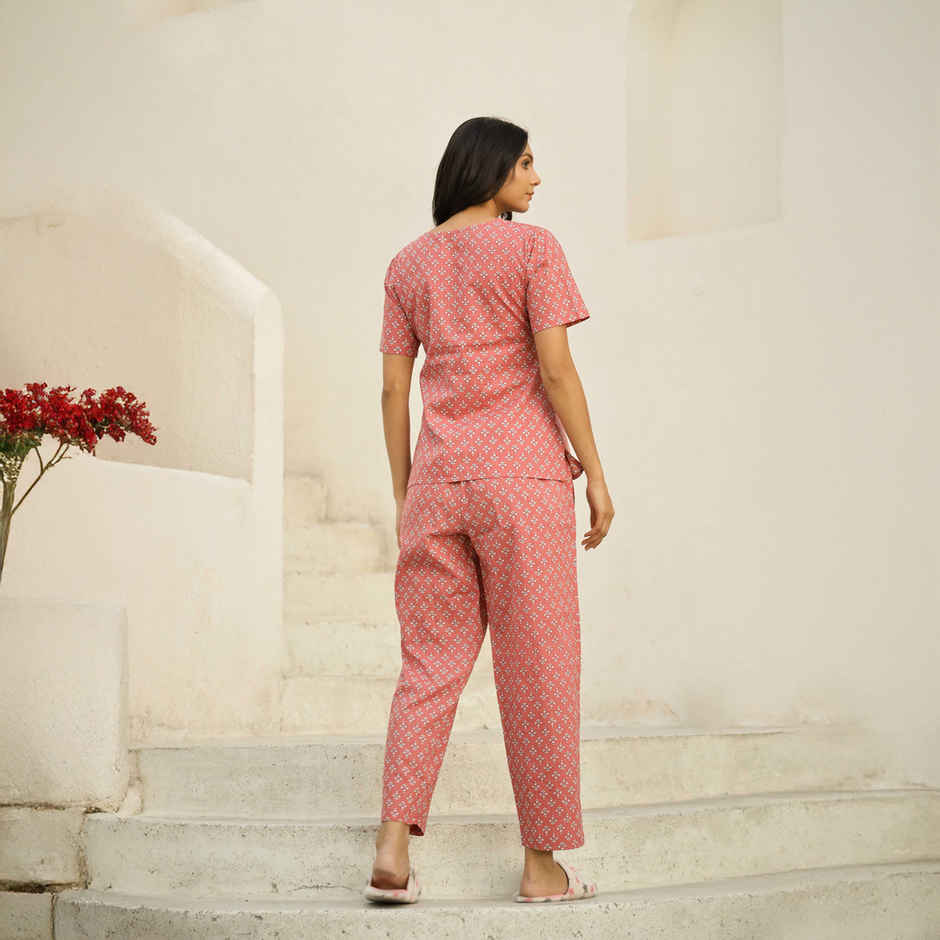 Sanskrutihomes Women's Printed Pure Cotton Night Suit | Pink - XXL