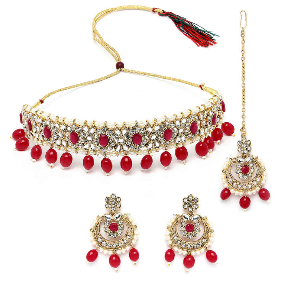 Sukkhi Ravishing Gold Plated Red Kundan & Beads Studded Choker Necklace Set