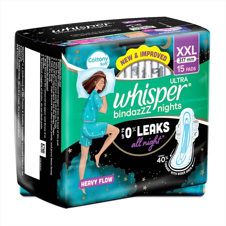 Whisper Bindazzz Nights XXL Sanitary Pads, Upto 0% Leaks All Night Long