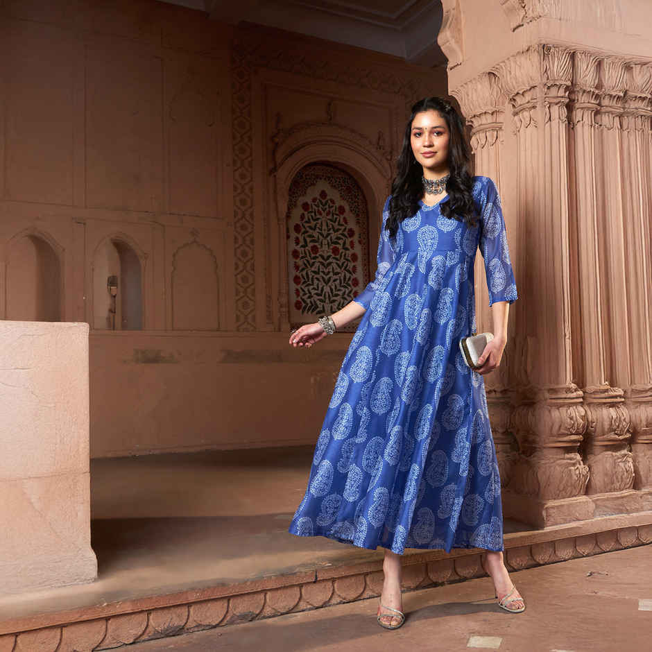 Shae by SASSAFRAS Women's Chanderi Paisley Long Anarkali Kurta | Blue - L