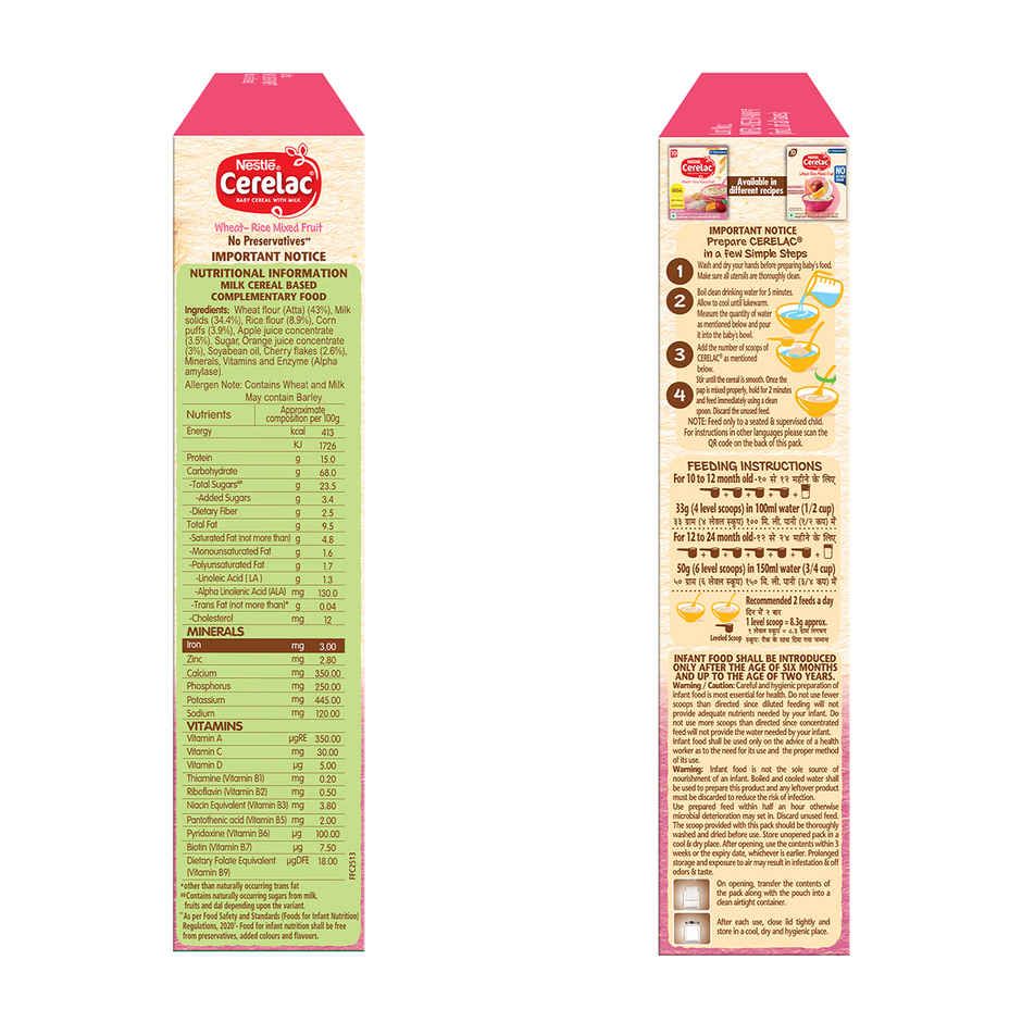 Nestle Cerelac Wheat Rice Mixed Fruit Baby Food Cereal | No Preservatives | 10 to 24 Months