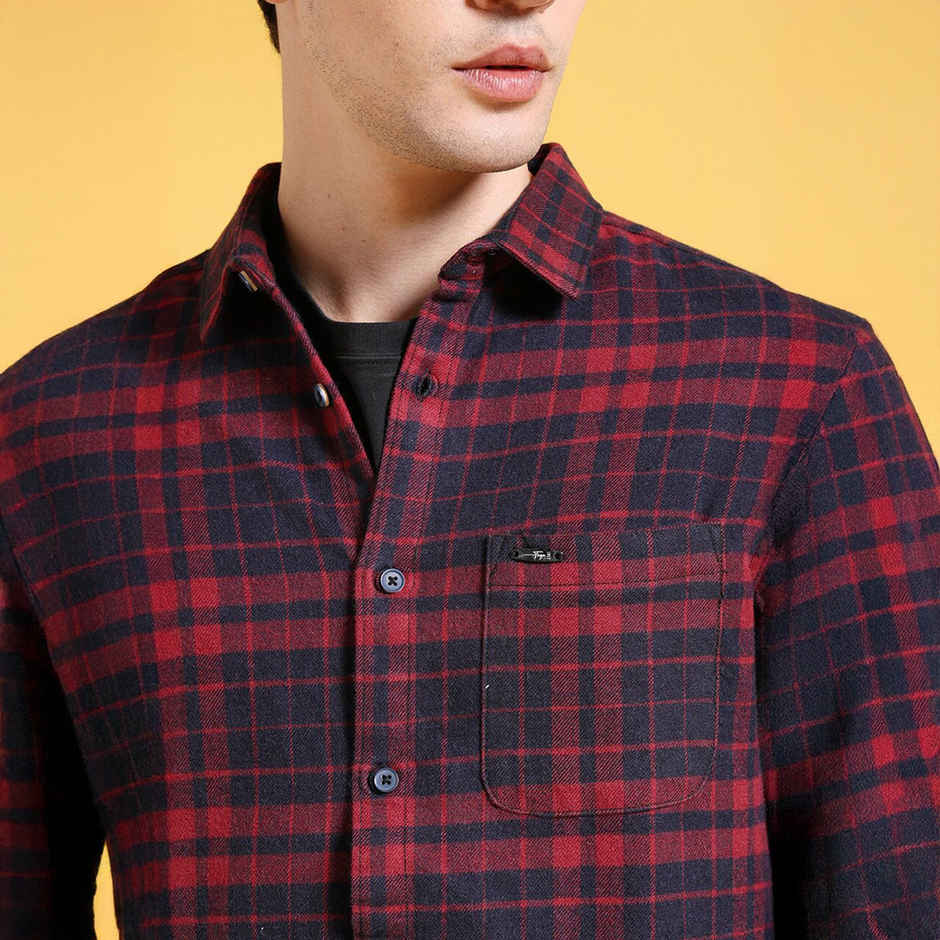 The Indian Garage Co Men's Slim Fit Checkered Casual Shirt | Navy Blue - XL