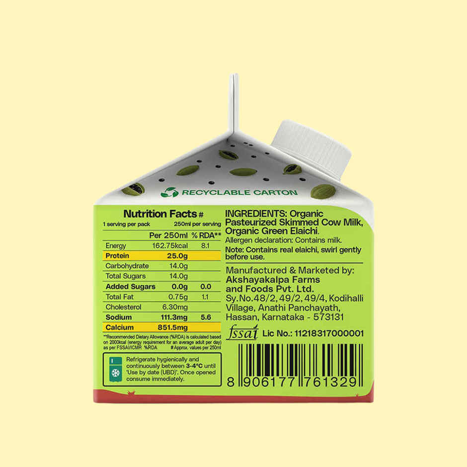 Akshayakalpa Organic High Protein Cow Fresh Milk | Elaichi | 25g Protein | Gable Top Pack