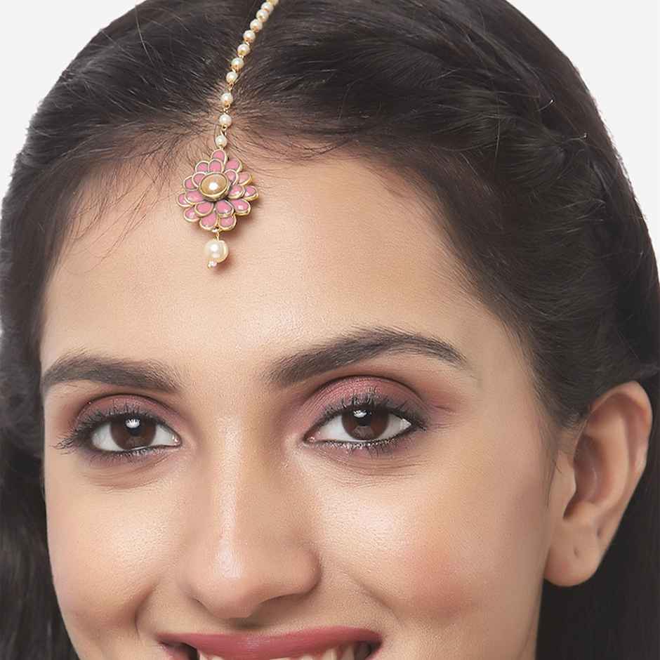 Zeneme Gold Plated Floral Style Attractive Maang-Tikka With Pearls For Girls & Women
