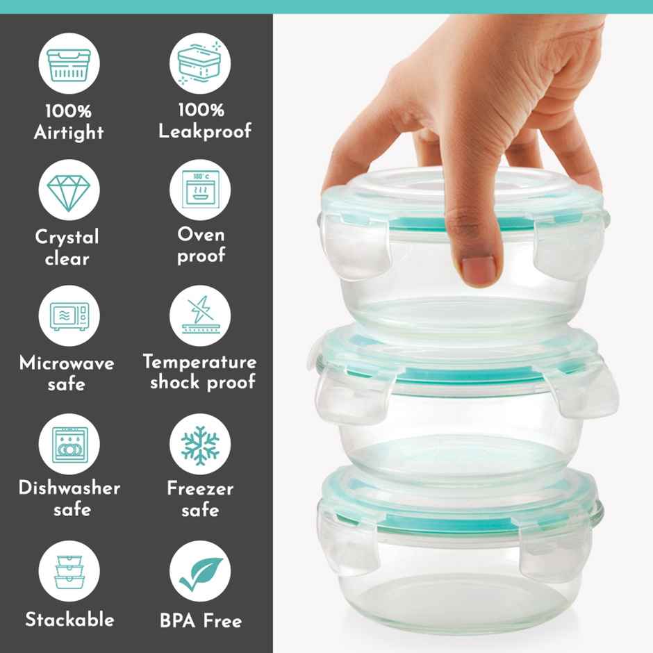 Magnus Vivid Solid Glass Lunch Box - Round Microwave Safe Borosilicate Container | 400 ml x 3 & Bag