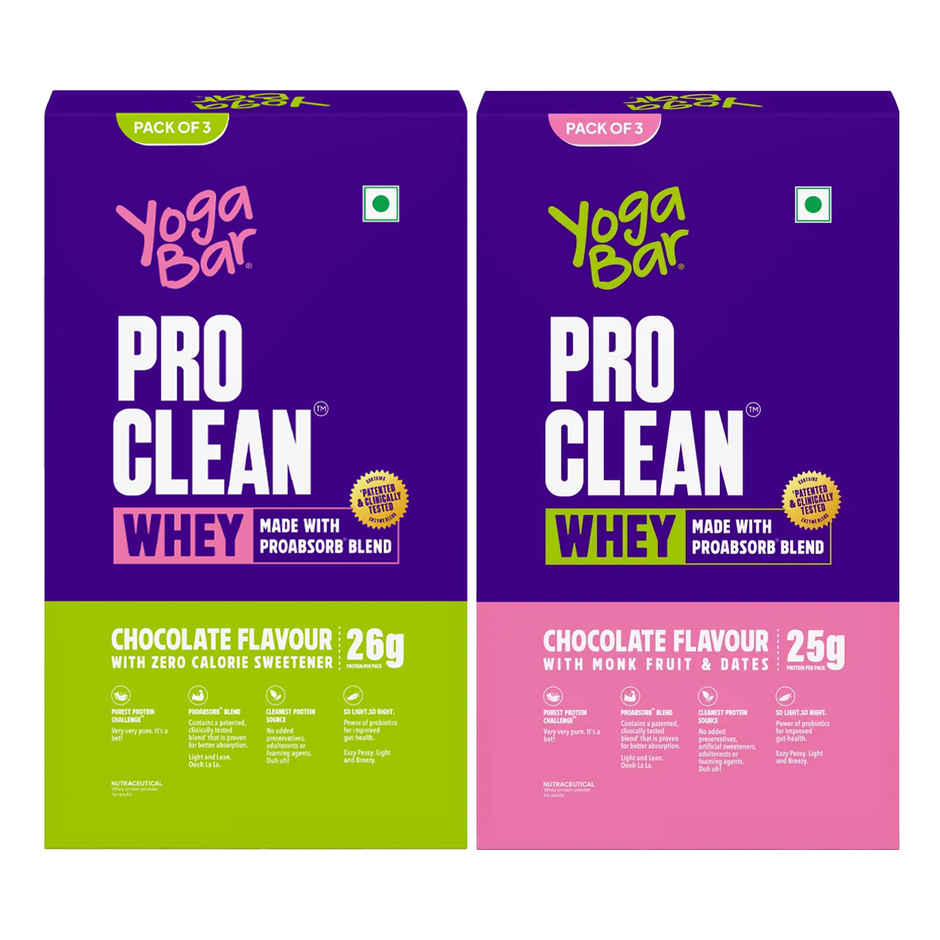 Yogabar Whey Protein - Wpi + Wpc Dark Chocolate Flavour Whey Protein With Zero Calorie Sweetener (105g) & Yogabar Whey Protein - Wpi + Wpc Dark Chocolate Flavour Whey Protein With Dates & Monk Fruit (105g) Combo