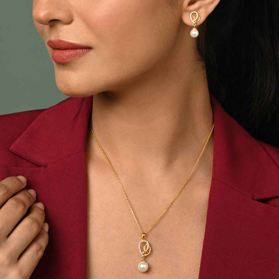 Clara 925 Sterling Silver Zahab Pearl Interlocked Pendant Earrings Chain Necklace Jewellery Set