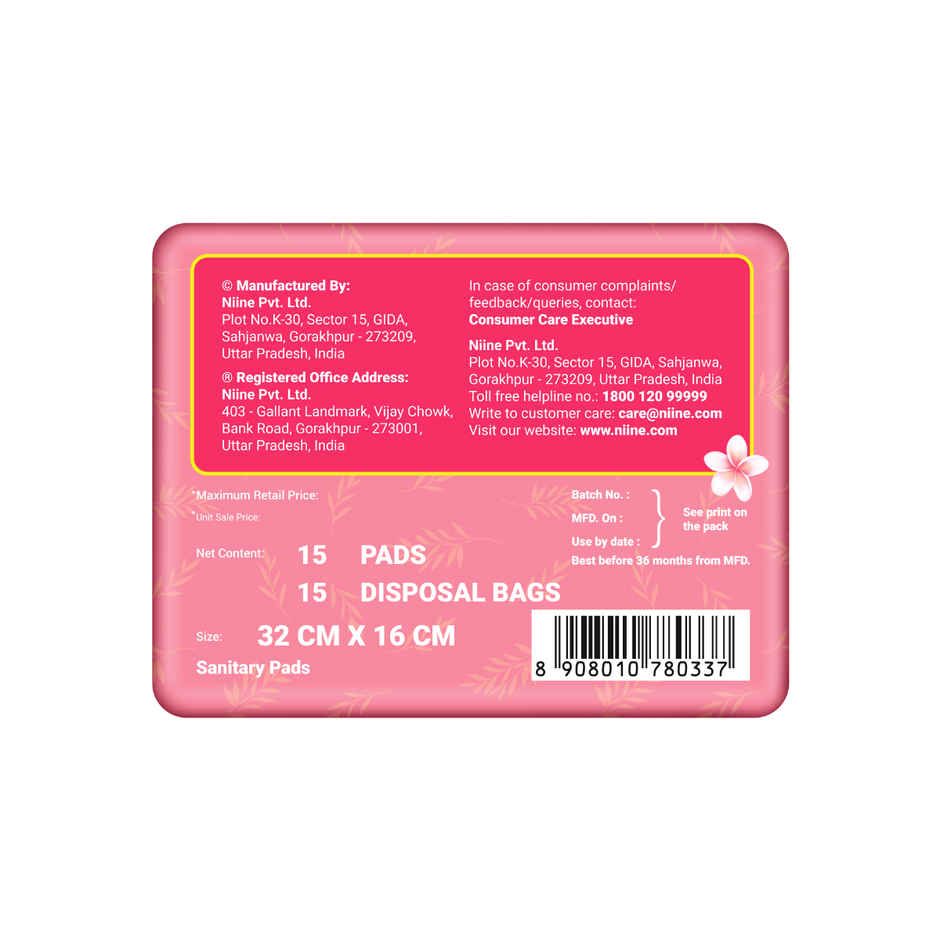 Niine Naturally Soft Ultra Thin XL+ Sanitary Pads | 320 mm and Wider Back | with Biodegradable Bags | 15 Pads