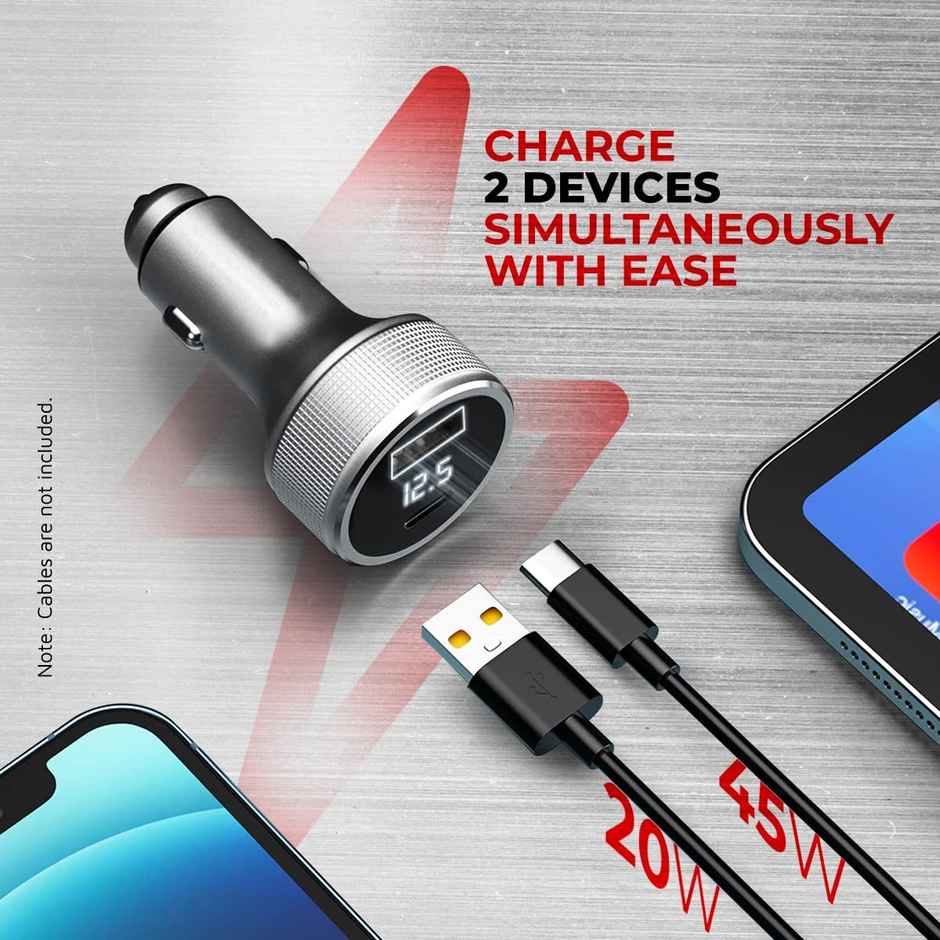 pTron Bullet Ultima 65W Car Charger | Super Fast Charging | Dual Outputs 45W Type-C PD & 20W USB - Grey