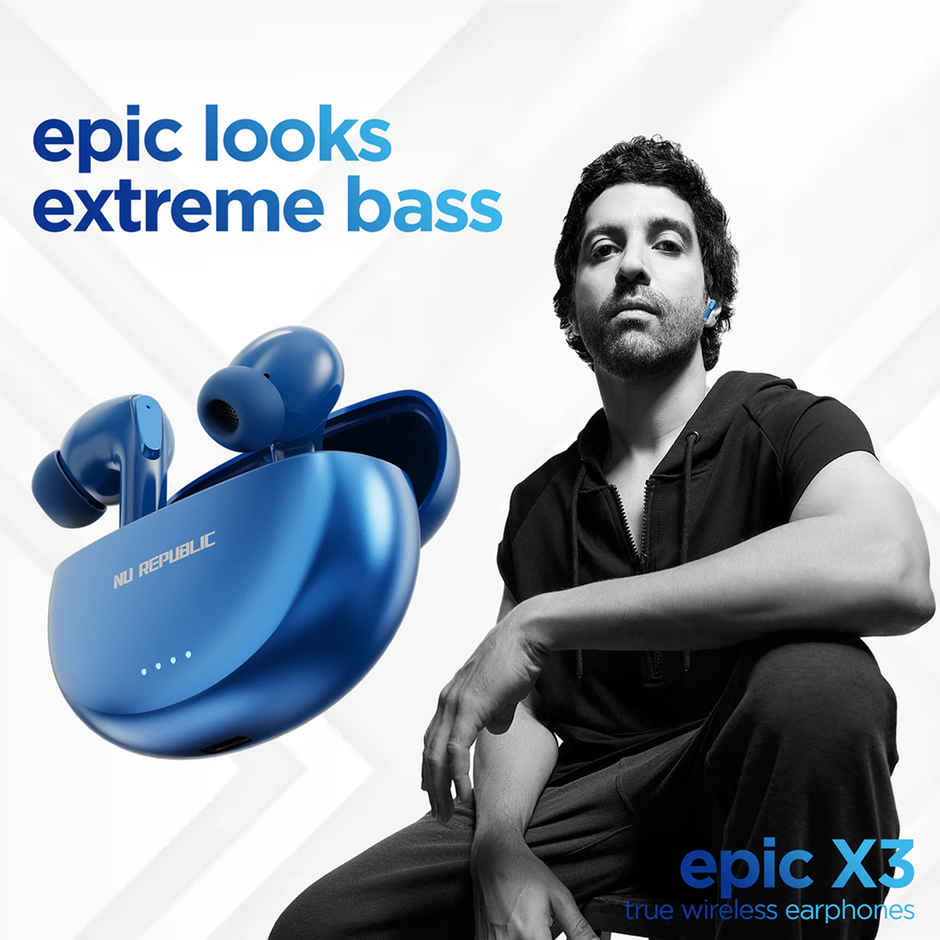 Nu Republic Epic X3 in Ear TWS Earbuds with Upto 48 hrs Playtime, X-Bass Technology, ENC Mic,Type-C Fast Charging - Blue