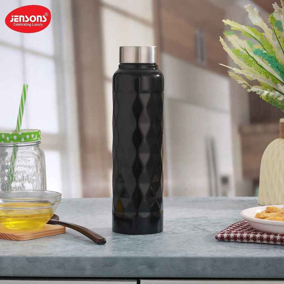 Jensons Stainless Steel Diamond Water Bottle 1 Litre | Leak Proof | Black