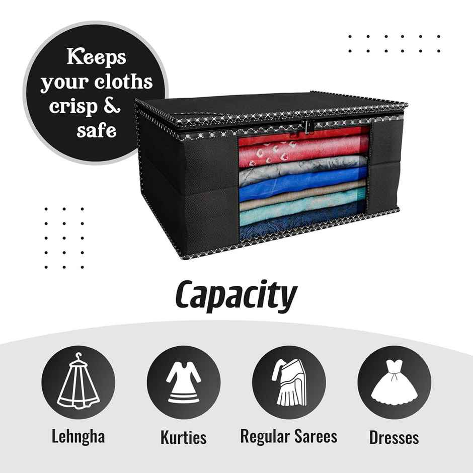 Kuber Industries Pack of 3 Non Woven Saree Cover for Wardrobe with Transparent Window (Black)