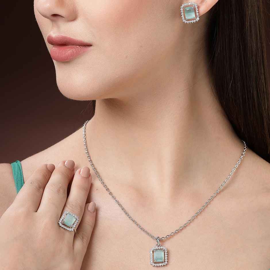Zeneme Rhodium Plated Sea Green AD Studded Princess Cut Crytsal Necklace Earring Ring For Women