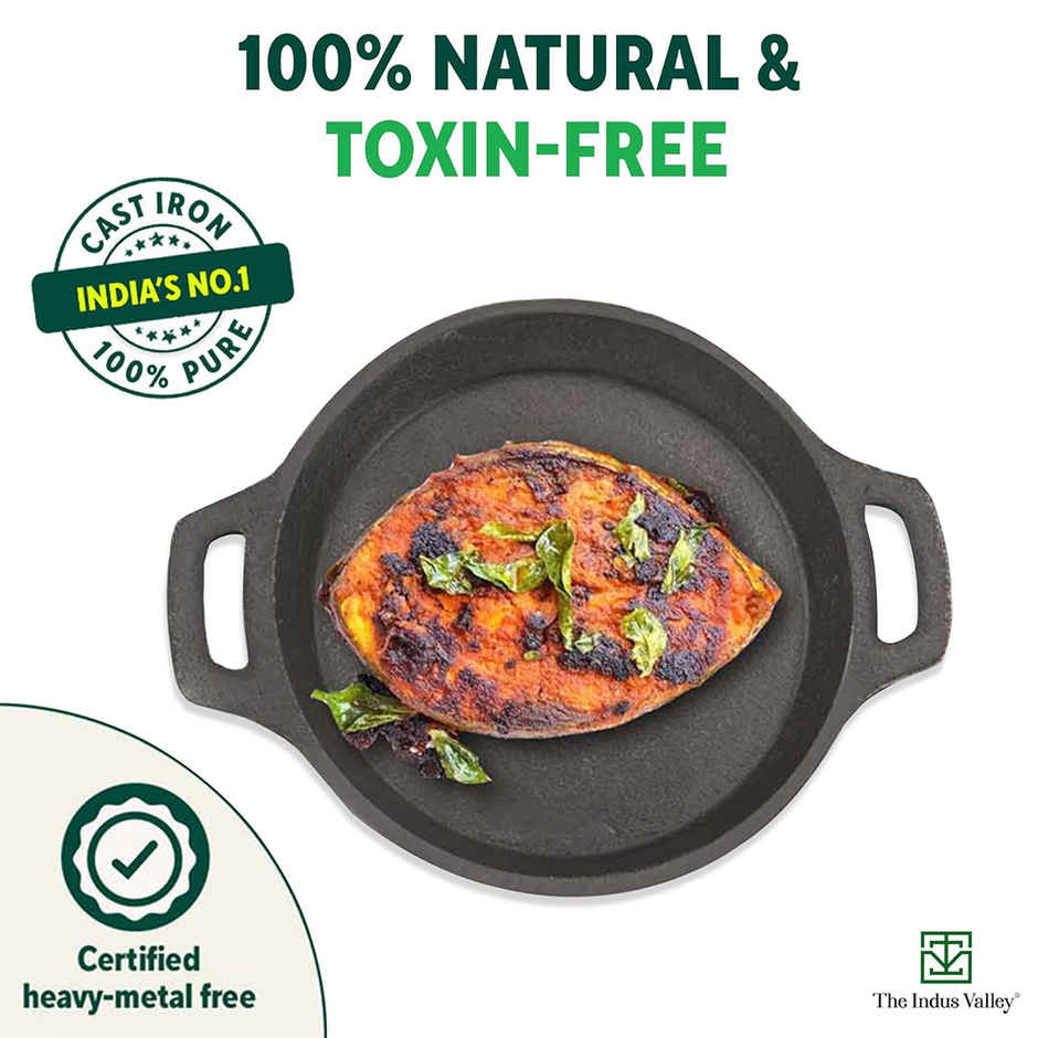 The Indus Valley Preseasoned Cast Iron Fish Fry Pan With Double Handle | Medium 25Cm/ 9.8Inch, 2Kg