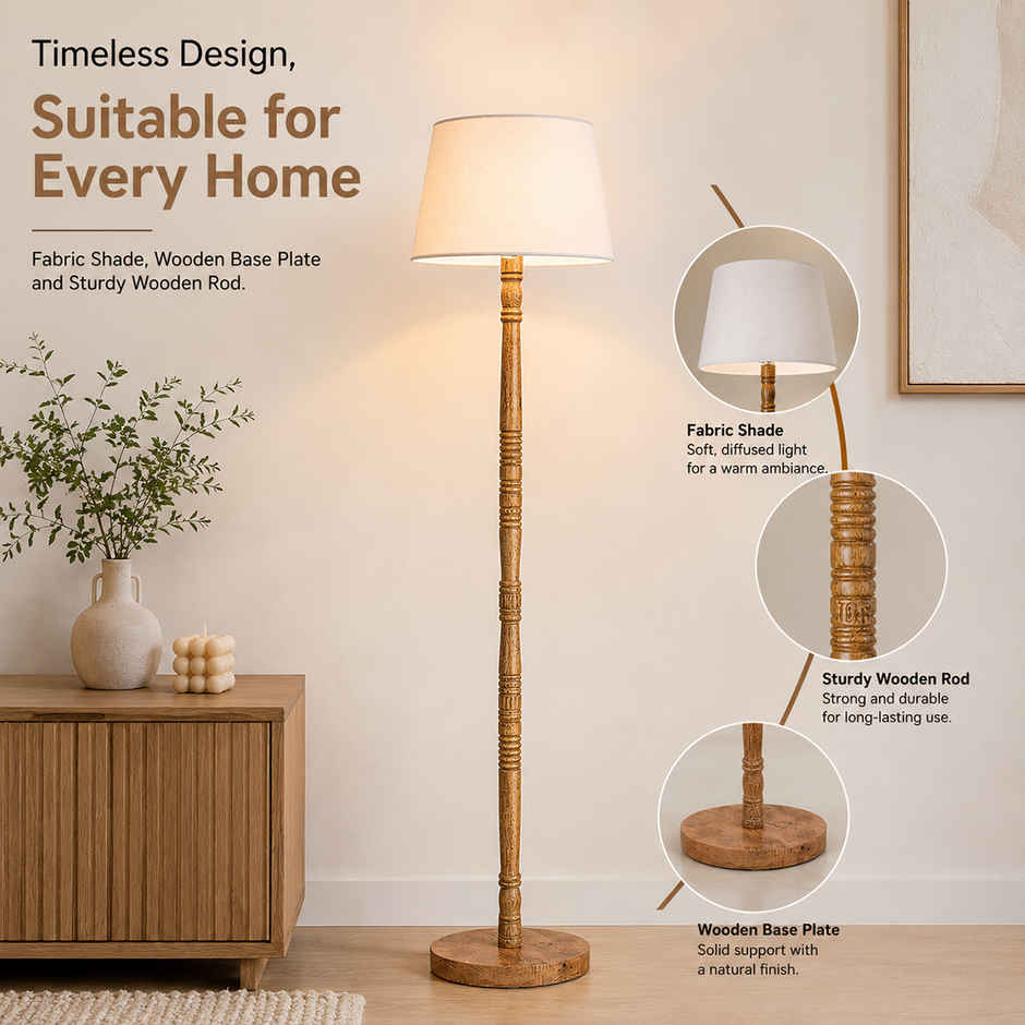Homesake Mid-Century Wooden Floor Lamp with White Fabric Shade, Modern Standing Light