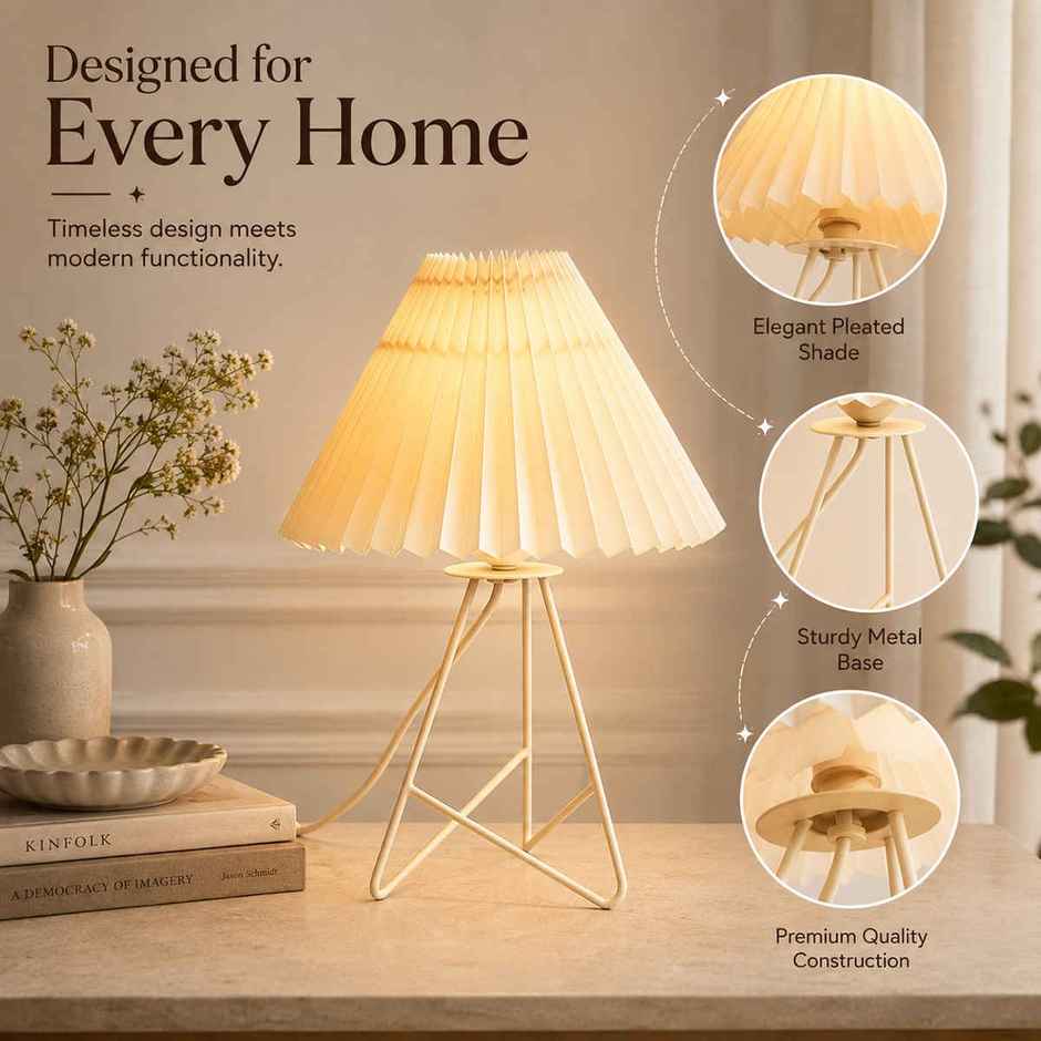 Homesake Retro Metal Table Lamp | Bedside Gift for Living Room & Home | Cream Pleated