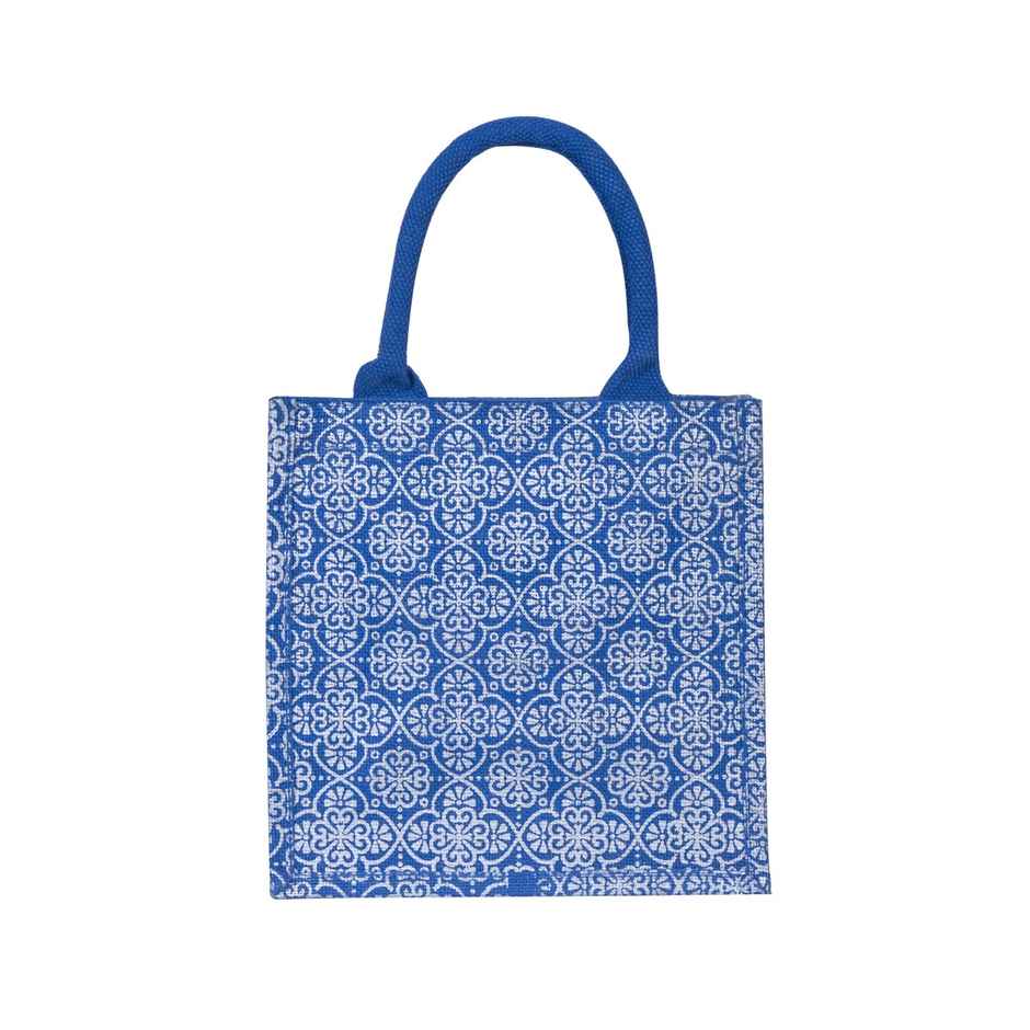 Jute Cottage Carry Bag - Mughal Print Zipper Lunch Bag | Eco-friendly | Blue | 10 x 10 x 7