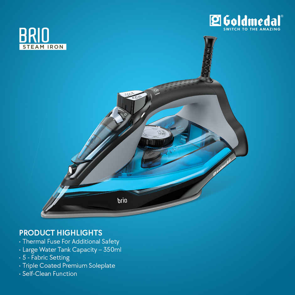 Goldmedal Brio 2200W Steam Iron, 5 Fabric Setting, Indicator Lamp for Heating | Blue & Black