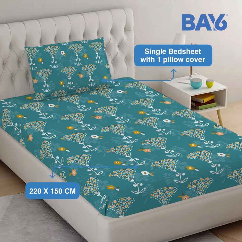 BAY6 Microfibre Floral Print Single Bedsheet with 1 Pillow Cover |Turquoise | 59 x 87 in