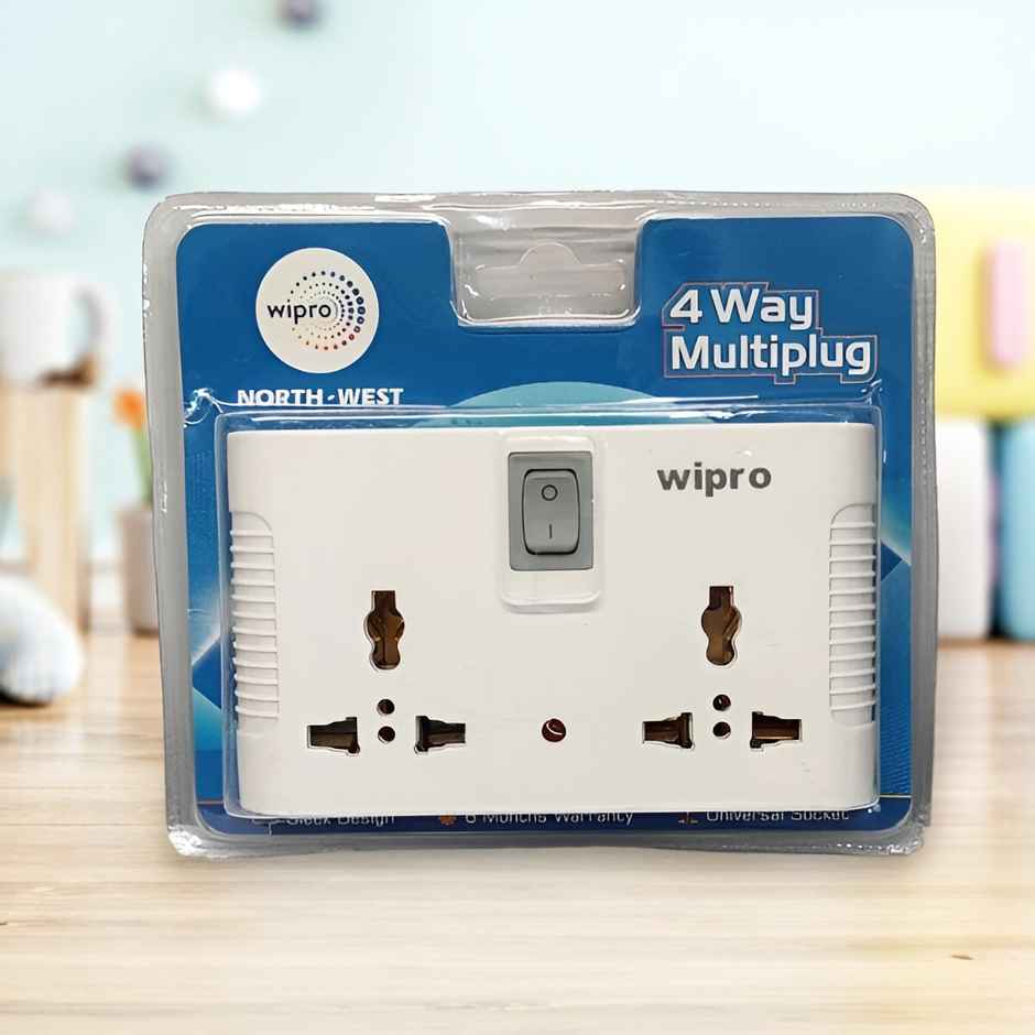 Wipro 4 Way Multiplug Adaptor with 2 Universal Sockets |Inbuilt Surge Protection & Power supply Indicator | Compact & Light weight | 6Amp Multiplug socket for Home, Office - White