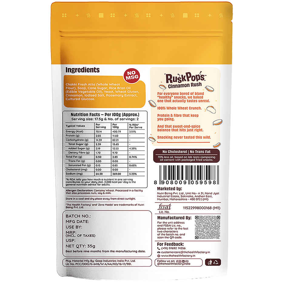 The Health Factory Rusk Pops- Cinnamon Rush (Zero Maida)