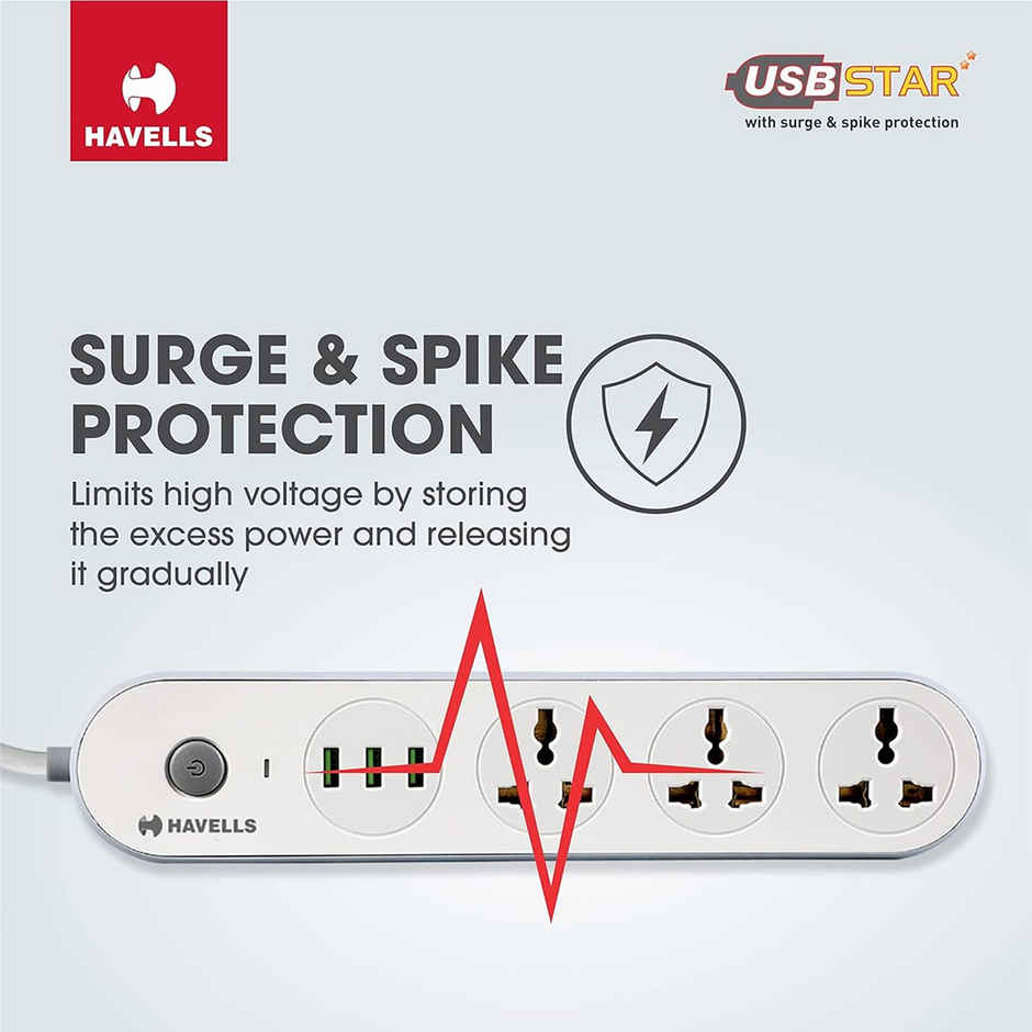 Havells Usb Star Extension Board - 1.5Mtr, 3 USB, 3+1, 3 Pin (1.5m Length)