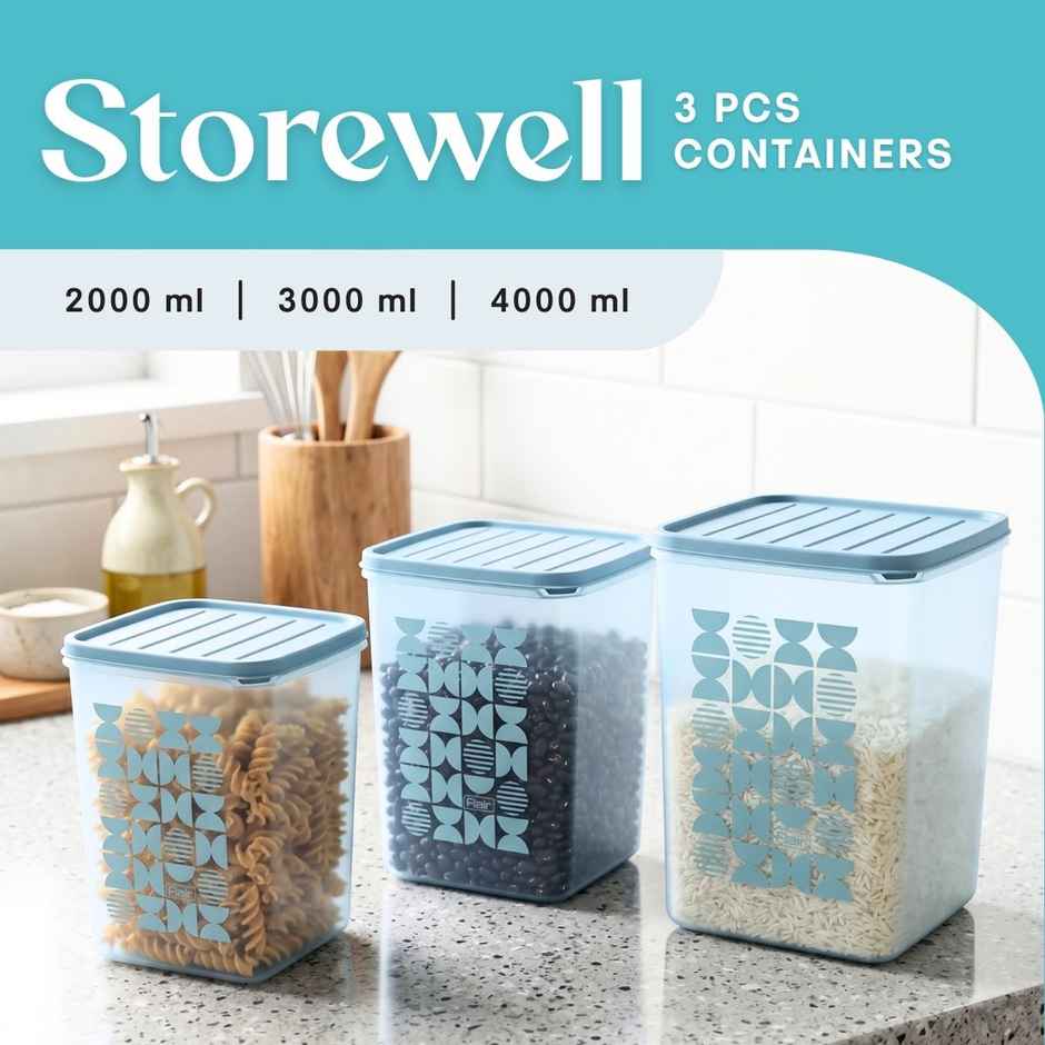 FLAIR Plastic Storewell Square Containers Set | Blue - 2 L , 3L & 4 L