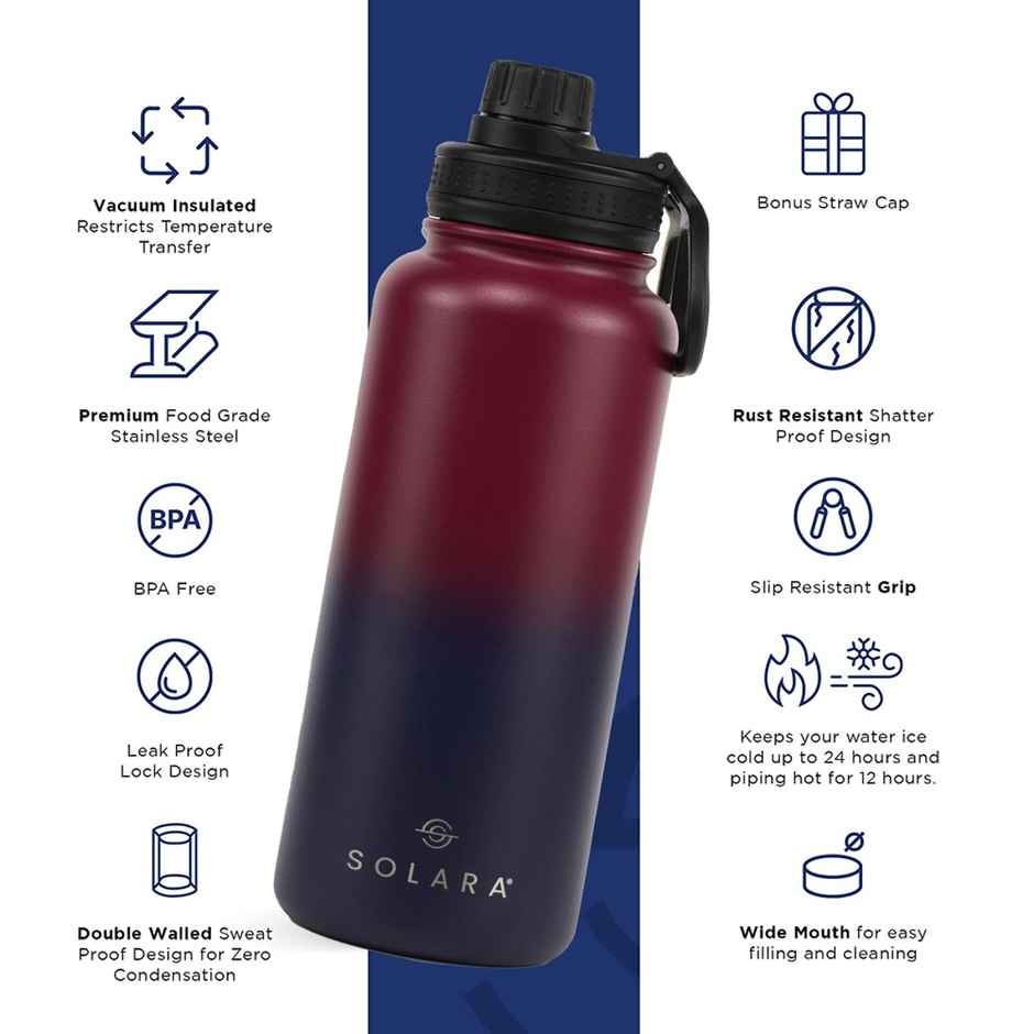Solara Insulated Water Bottle | 1 L | For Travel, Office, School, Sipper Bottle | Dark Intentions