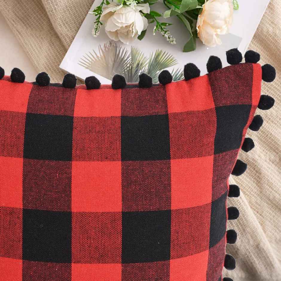 Lushomes Cushion Covers - Red-Black Checks | Cotton | 16 x 16 inch | With Pom Pom