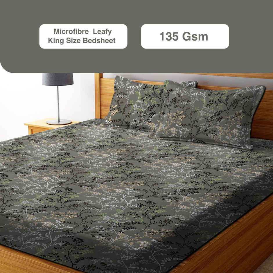 Dream Living Microspread Leafy | 135 Gsm King Size Bedsheet With 2 Pillow Covers | Grey