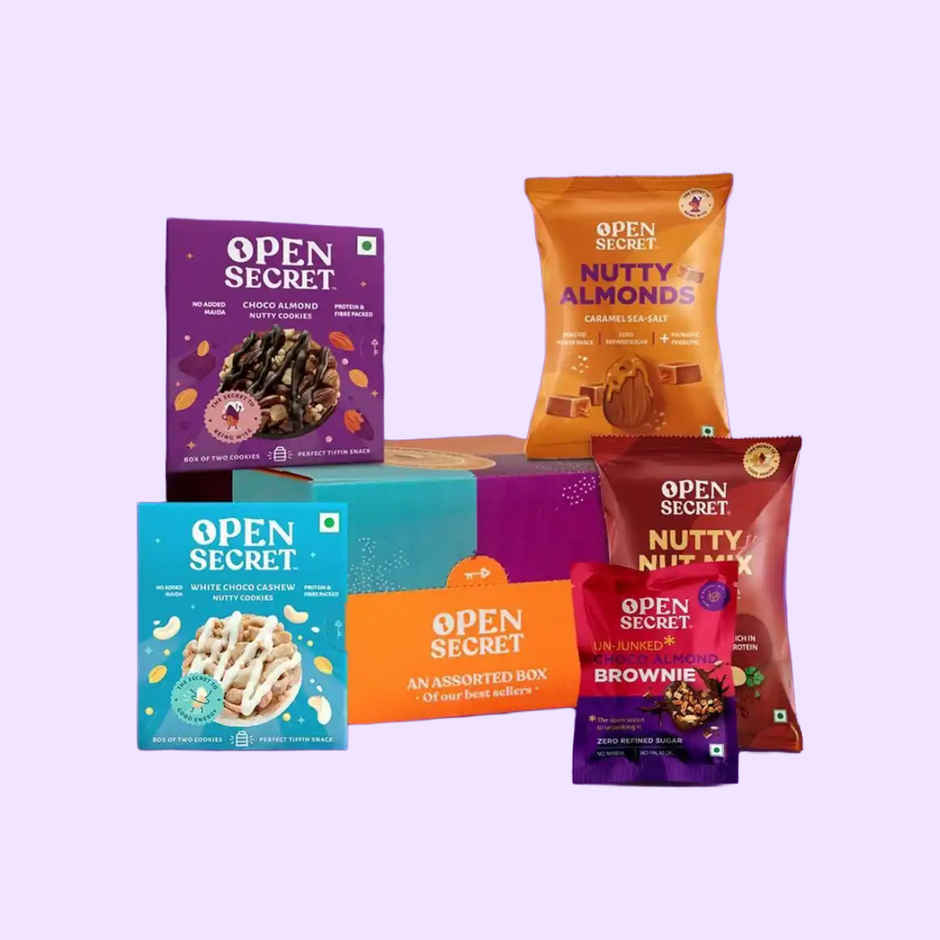 Open Secret Rakhi Chocolate and Dry Fruits Hamper for sister- Rakshabandhan Gift box, 4 cookies, 1 brownie, 2 flavoured nuts