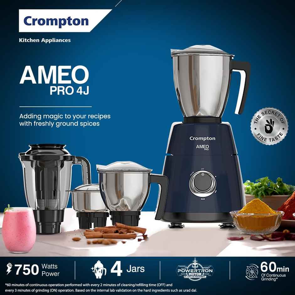Crompton Ameo Pro 750W 4 Jars Mixer Grinder, 3 Stainless Steel Jars And 1 Juicer Jar - Black & Blue 
