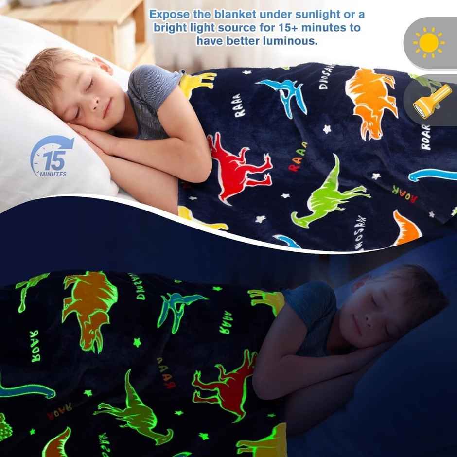 Famyo Glow Blanket | Dark Blue Dinosaur Queen Size AC Blanket for Ages 3 & Up - 200 x 152 cm