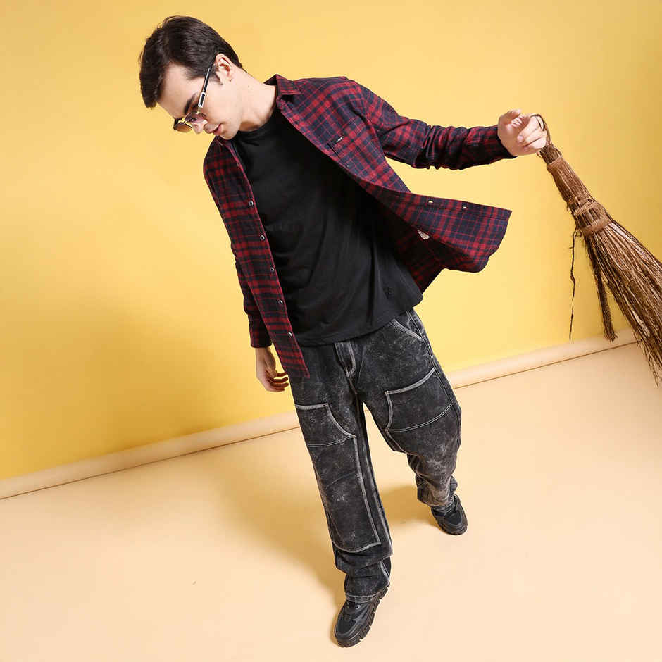 The Indian Garage Co Men's Slim Fit Checkered Casual Shirt | Navy Blue - S