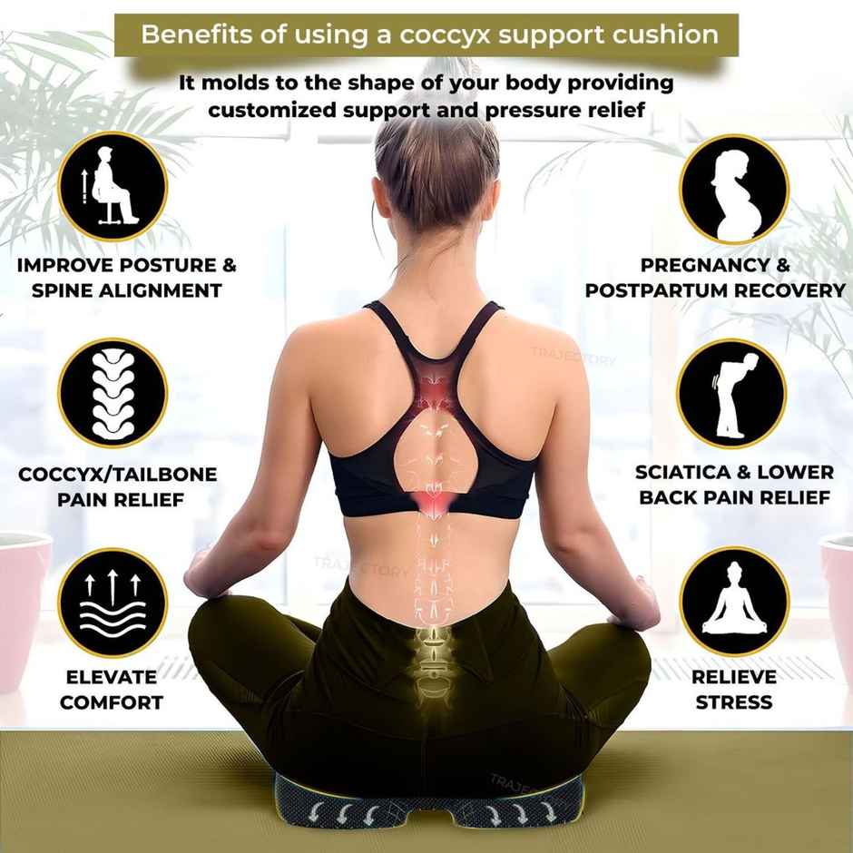 Trajectory Memory Foam Coccyx Seat Cushion For Tailbone Pain | Office Chair & Car Seat Pillow (1pc) & Trajectory Car Headrest Pillow In Memory Foam For Orthopedic | Neck Pain Pillow (1pc) Combo