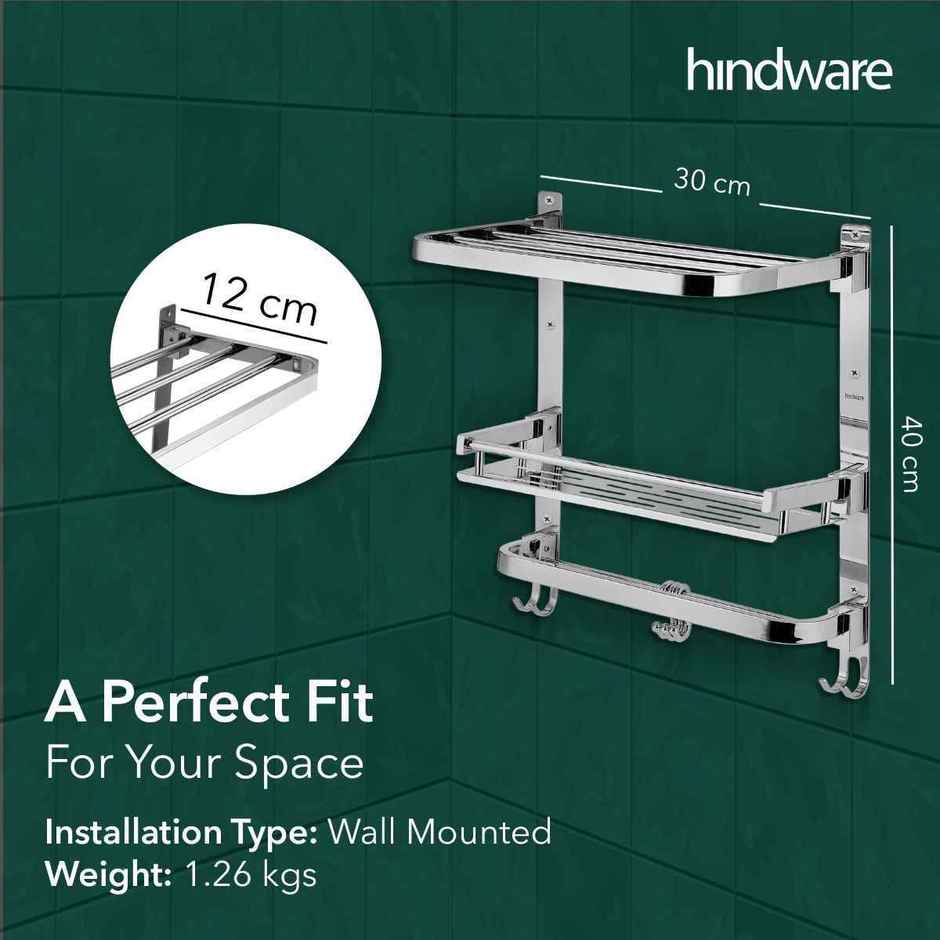 Hindware Multi-Purpose Shelf with Foldable Towel Rack | Stainless Steel Construction | 3 Layered