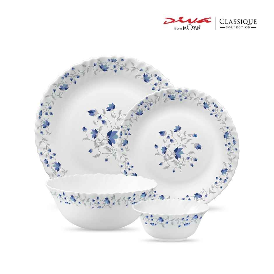 La Opala Diva Classique Dinner Set | Opal Glass Crockery for Dining | 13 Pcs - Blue Mystique