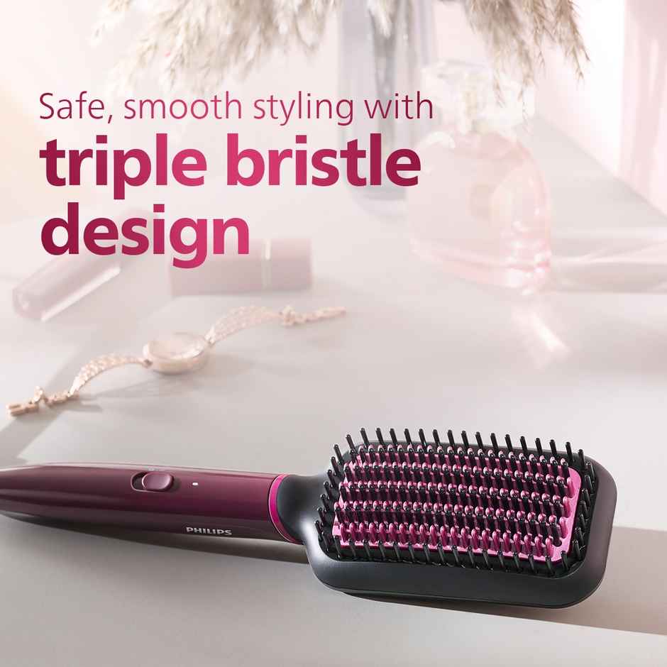 Philips India's No.1 Hair Styling Brand -Hair Straightener Brush|5X less Frizz - 5 mins,BHH730 Wine
