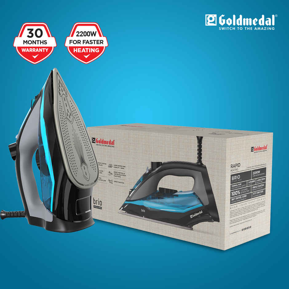 Goldmedal Brio 2200W Steam Iron, 5 Fabric Setting, Indicator Lamp for Heating | Blue & Black