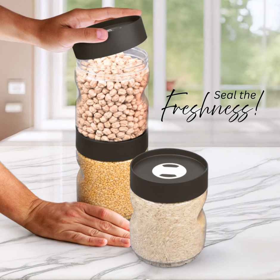 Flair Plastic Stackup Pet Jar Set Of 3 Pcs 1000 ml (Brown), Transparent