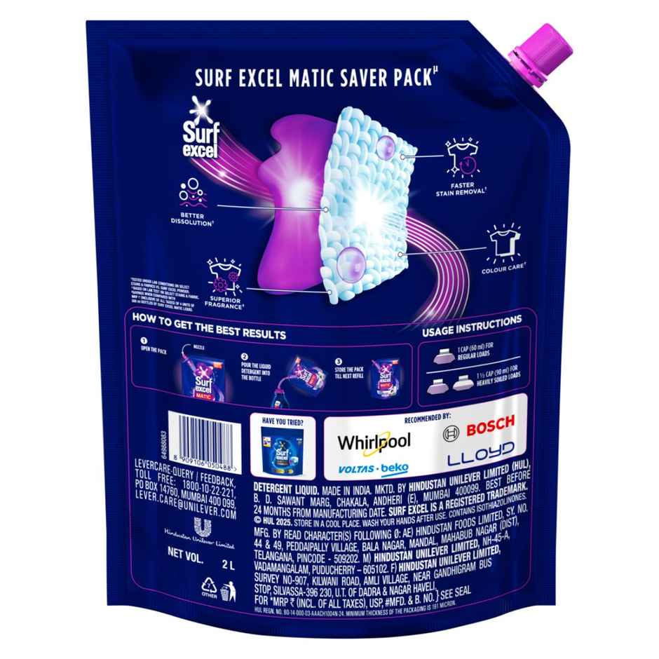 Surf Excel Matic Front Load Detergent Liquid Refill | Tough Dried Stain Removal