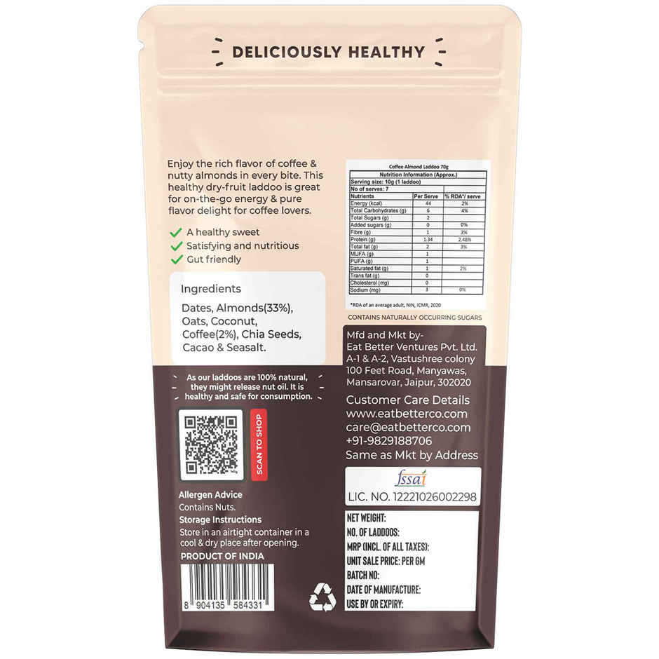 Eat Better Co - Coffee & Almond Laddoos - No Added Sugar - High Protein, 100% Natural