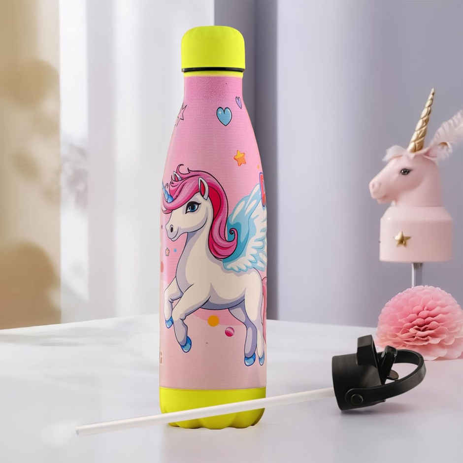 Kuber Industries Unicorn Rainbow 500 ml Insulated Sipper Water Bottle with 2 Lids & Straw | Pink