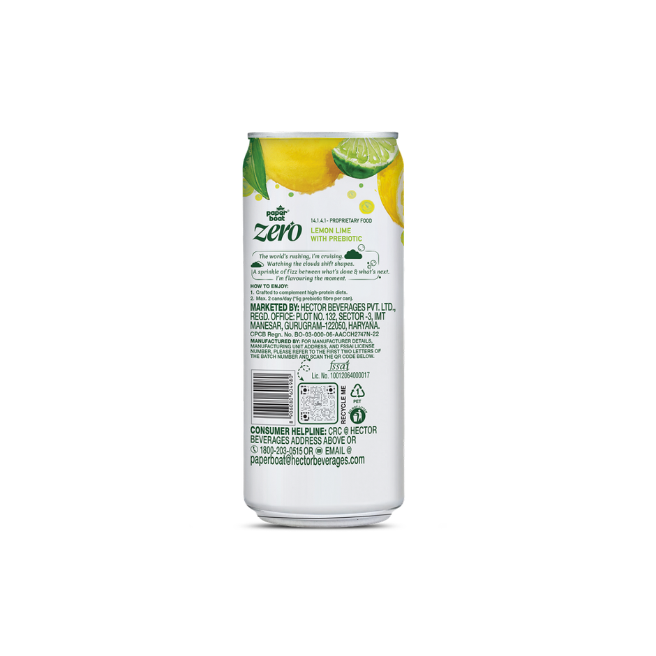 Paper Boat Zero Prebiotic Soda Lemon Lime, 5g Fibre, Caffeinated Sugar Free Cold Drink