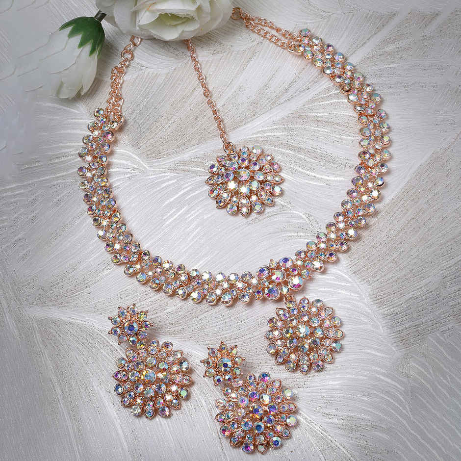 Sukkhi Delightly Gold Plated Rose Gold Stone Studded Choker Necklace Set