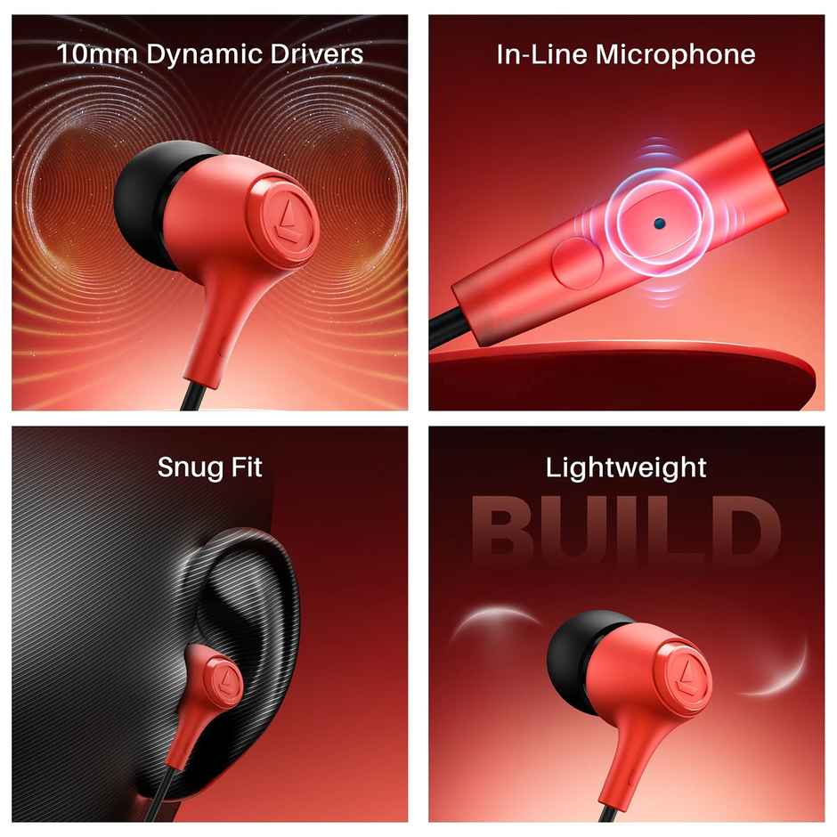 boAt BassHeads 95 Wired Earphones, 10mm Drivers, Signature Sound, in-Line Microphone, Integrated Controls, Snug Fit, Lightweight, Voice Assistant, 120cm Cable & 3.5mm Jack - Raging Red