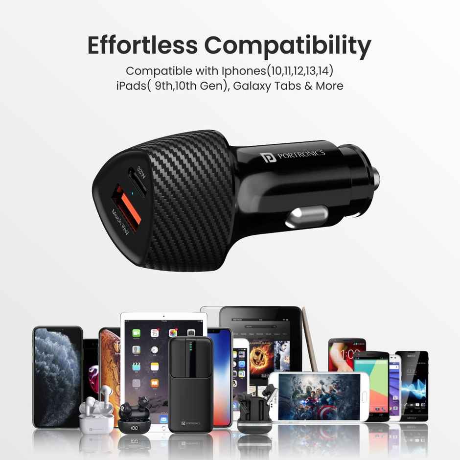 Portronics 51W Car Power 16 Fast Car Charger with Dual Output, 51 Watts Total (18W USB + 33W Type C PD), Fast Charging, Adapter for iPhone & Android Smartphones and Tablets - Black
