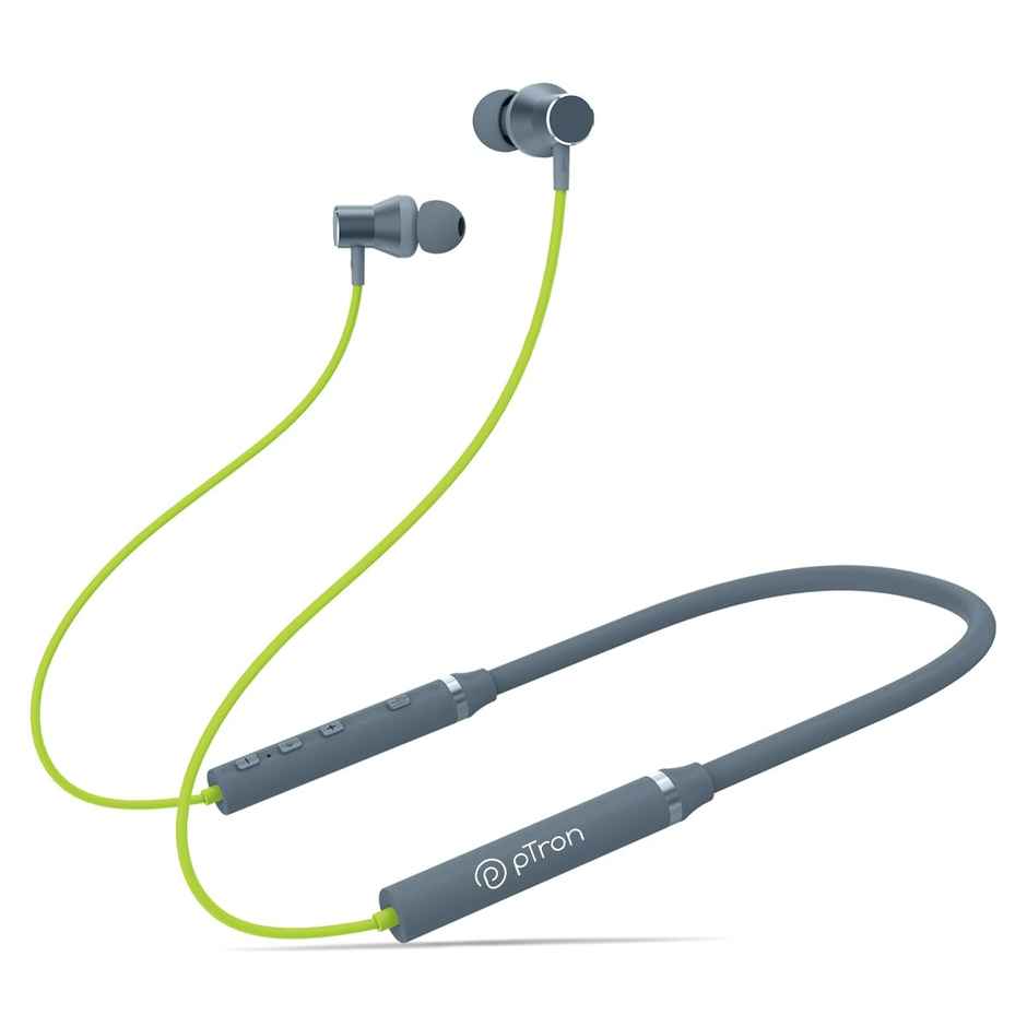 pTron Tangentbeat Bluetooth Neckband | Hd Calls | 18H Playtime | Sound Dual Device Pairing - Green Grey