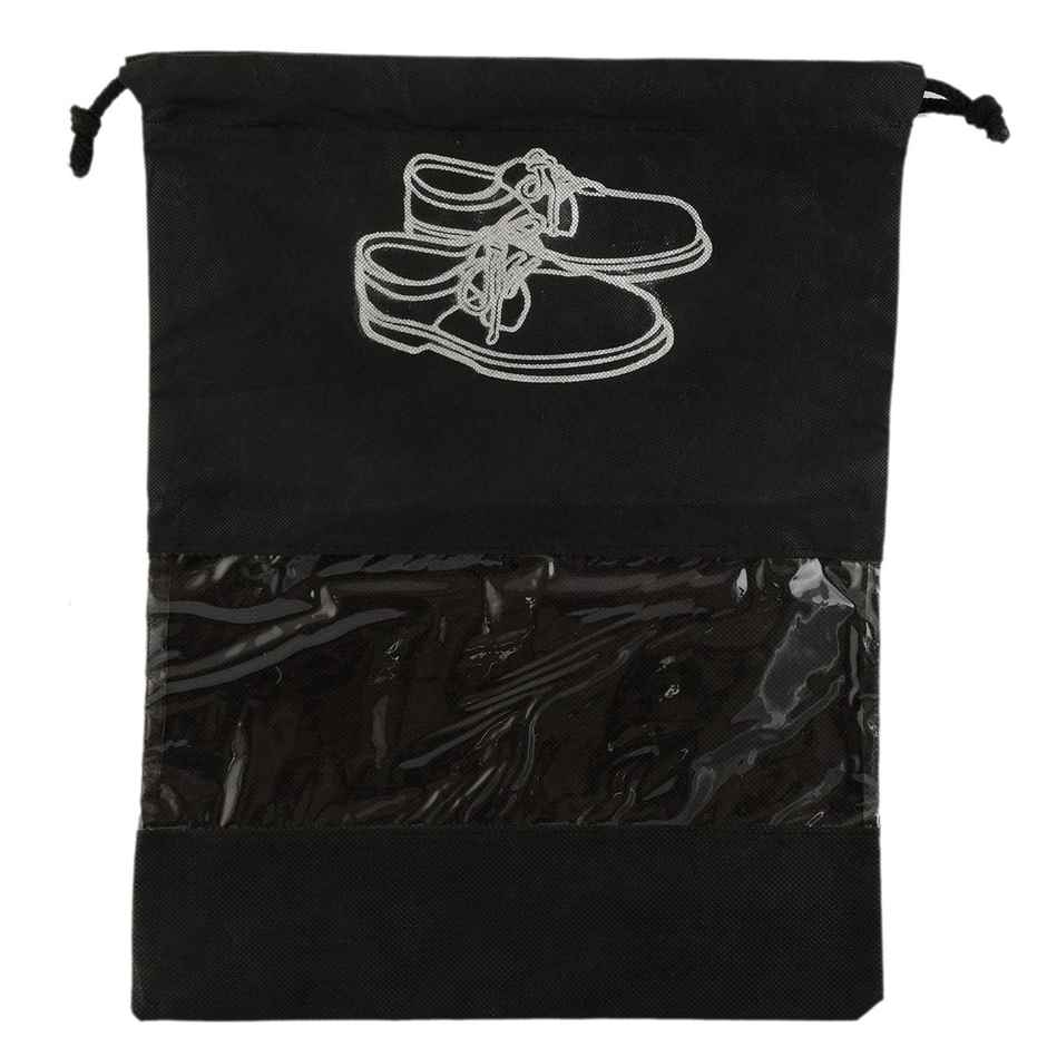 Kuber Industries Pack of 6 Non Woven Shoe Cover/String Bag Organizer with Transparent Window|Black)